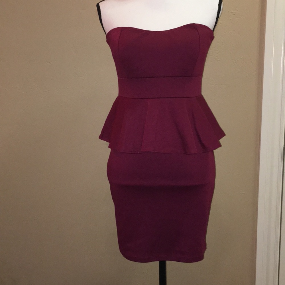 Burgundy Strapless Peplum Dress